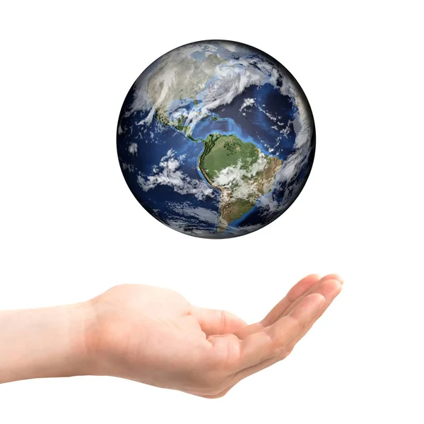 Two Open Hands Hold Earth Planet Concept Isolated White Background — Stock Photo, Image