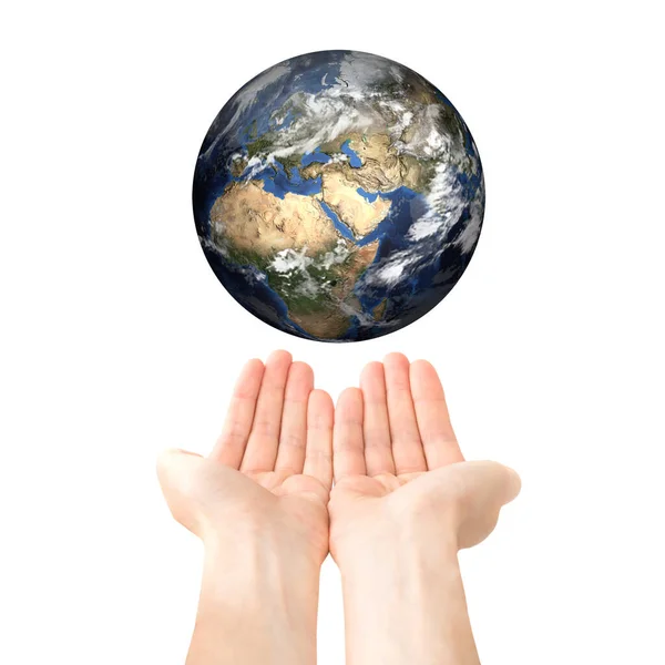 Two Open Hands Hold Earth Planet Concept Isolated White Background — Stock Photo, Image