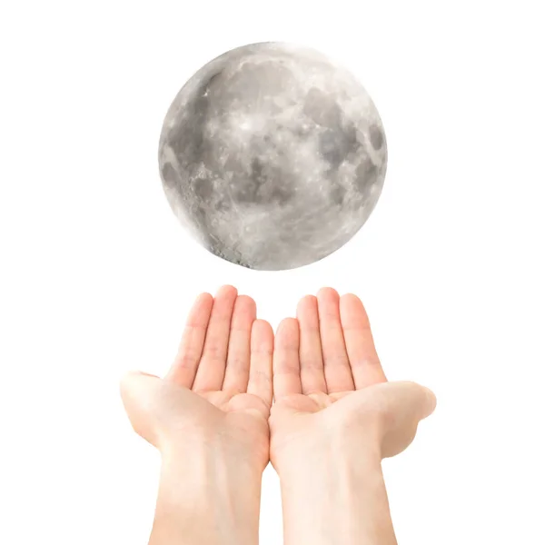 Deux Mains Ouvertes Tiennent Pleine Lune Comme Conccept Futur Programme — Photo