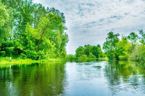 Joki Maisema Vihreä Metsä Puita Sininen Vesi Pilvet Taivaalla — kuvapankkivalokuva