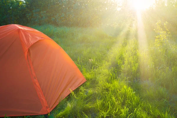 日落时分在森林 绿草场和阳光下露营的橙色帐篷 — 图库照片