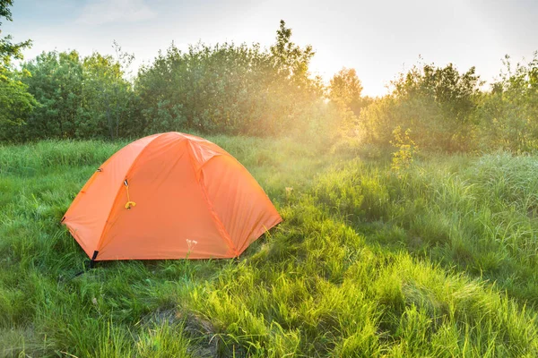 Oranje Tent Kamperen Bij Zonsondergang Bos Groen Grasveld Zonnestralen — Stockfoto