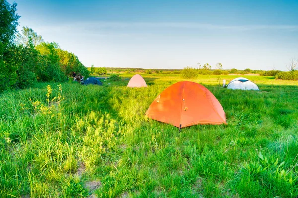 Zeltlager Campen Bei Sonnenuntergang Auf Der Grünen Wiese Wald Und — Stockfoto