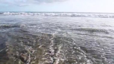 Mavi dalgalar okyanus tropik sahillerinde sörf yapıyor. Tam HD çözünürlük klibi