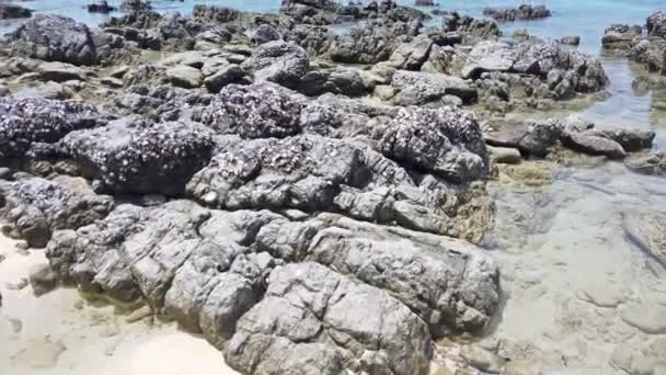 Tropikalny Krajobraz Morski Skałami Piaszczystej Plaży Skalista Wyspa Horyzoncie Klip — Wideo stockowe