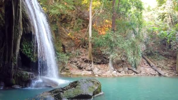Vízesés Vízesés Kaszkád Levelek Zöld Erdőben Videoklip — Stock videók