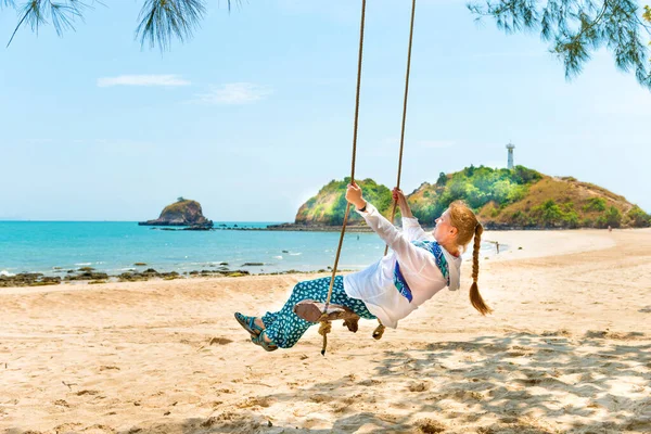 Happy Pretty Young Woman Swinging Beach Swing Tropical Island — Stock Photo, Image