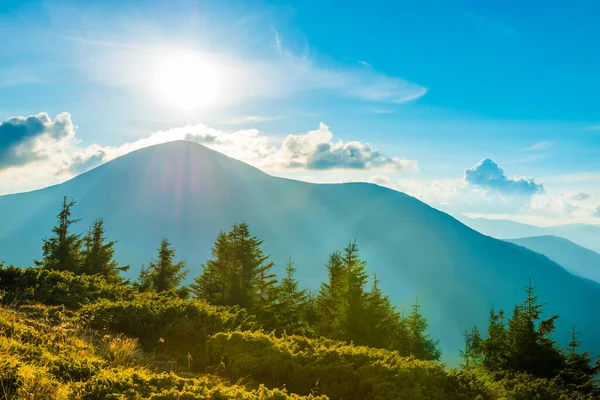 Blu Tramonto Montagne Paesaggio Erba Prato Con Raggi Sole — Foto Stock