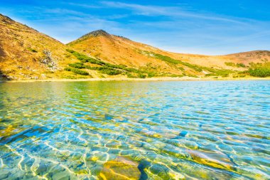Dağlı mavi göl ve su yansıması, vahşi mavi gölü olan dağ manzarası.