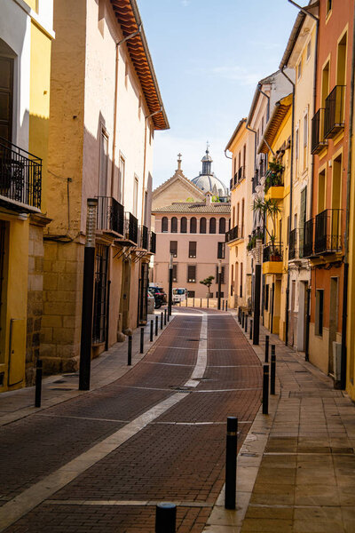 Xativa, Valenciana, Spain - Sept 17 2019 : View of Xativa streets with people wandering about