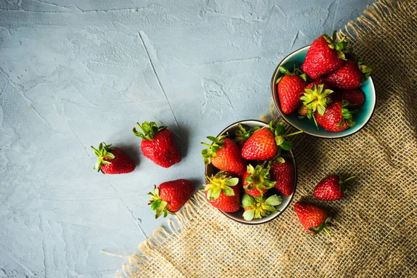 Fresh Organic Strawberry Bowl Rustic Background Copy Space — Stock Photo, Image