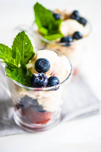 Semmer 甜点自制的冰淇淋与新鲜的蓝莓和草莓装饰与薄荷白色背景 — 图库照片