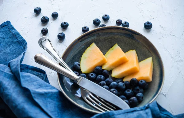 Summer Fruit Dessert Melon Blueberry Rustic Background Copy Space — Stock Photo, Image