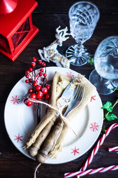 Christmas Table Setting Rustic Wooden Background Copy Space — Stock Photo, Image