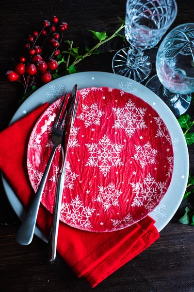 Ajuste Mesa Navidad Sobre Fondo Rústico Madera Con Espacio Para — Foto de Stock