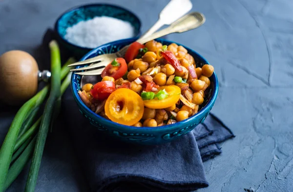 Homemade Spicy Vegetarian Stew Chickpeas Vegetables Rustic Wooden Background Copy — Stock Photo, Image