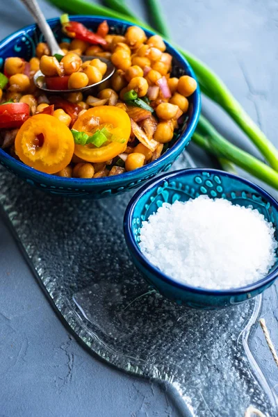 Homemade Spicy Vegetarian Stew Chickpeas Vegetables Rustic Wooden Background Copy — Stock Photo, Image