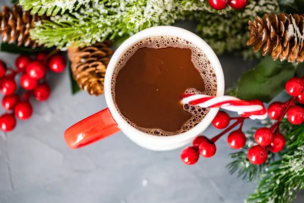 Boisson Cacao Noël Avec Bâton Cannelle Cône Sucré Sur Fond — Photo