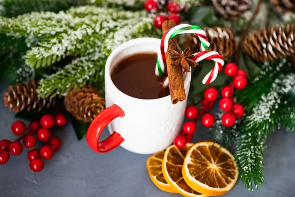 Christmas Cocoa Drink Cinnamon Stick Sweet Cone Rustic Background Copy — Stock Photo, Image