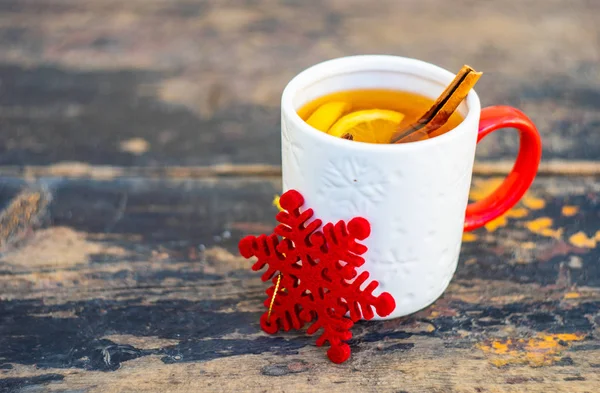 Cup Tea Lemon Winter Spices Cinnamon Anise Star Dark Wooden — Stock Photo, Image