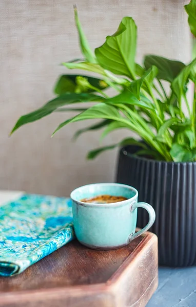 Tasse Schwarzen Kaffee Auf Rustikalem Hintergrund Mit Kopierraum — Stockfoto