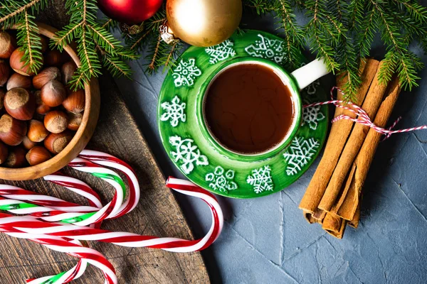 Cup Cocoa Spices Cinnamon Sticks Anise Star Christmas Drink Concept — Stock Photo, Image