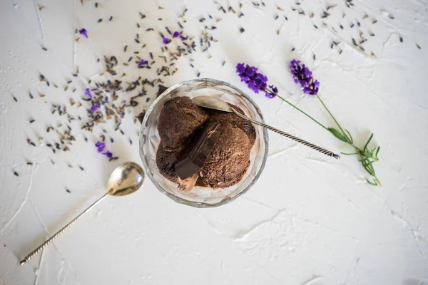 Semmer Efterrätt Hemmagjord Chokladglass Med Lavendel Vit Bakgrund — Stockfoto