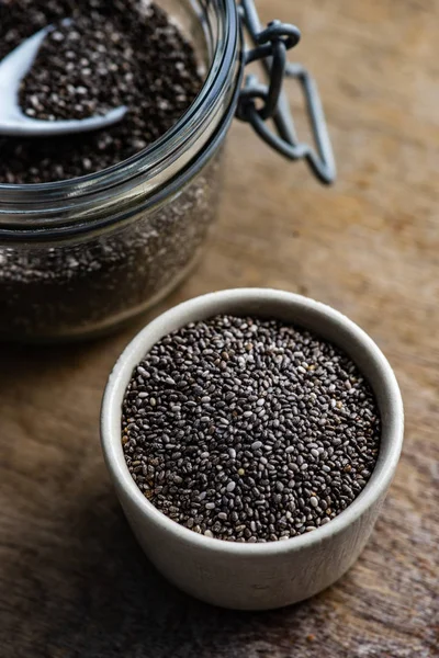 Organic Food Concept Chia Seeds Ceramic Bowl Table Copy Space — Stock Photo, Image