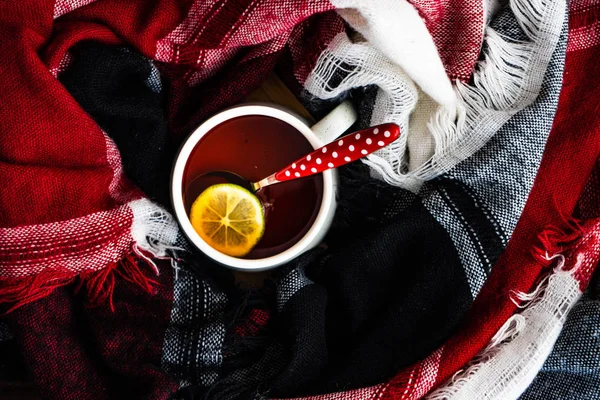一杯茶 柠檬和温暖的针织围巾作为冬季概念 — 图库照片