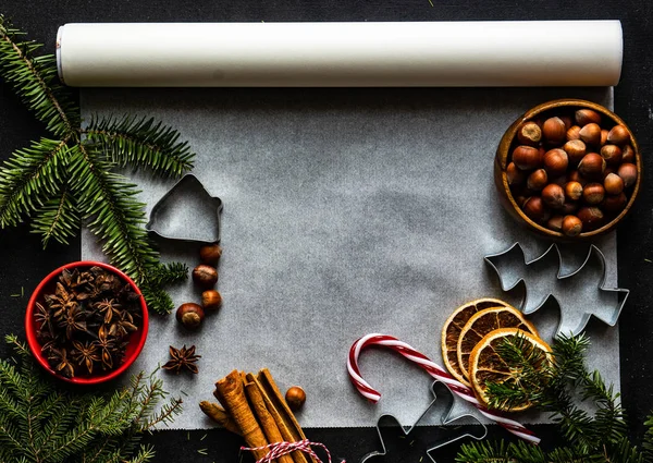 Χριστούγεννα Μαγείρεμα Έννοια Αλεύρι Καφέ Ζάχαρη Καρύδια Κανέλα Και Γλυκάνισο — Φωτογραφία Αρχείου