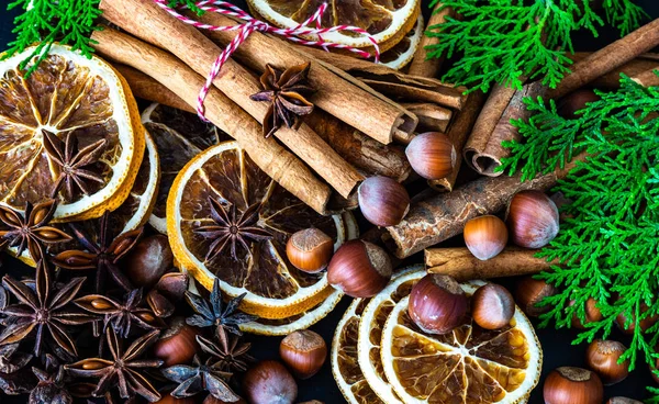 Christmas Spices Ingredients Cookies Baking Wooden Background Copy Space — Stock Photo, Image