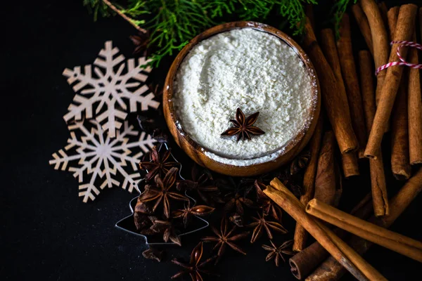 Christmas Spices Ingredients Cookies Baking Wooden Background Copy Space — Stock Photo, Image