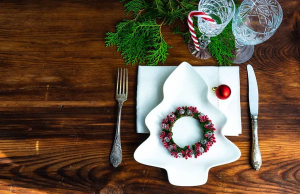 Festive Table Setting Christmas Dinner Vintage Wooden Table Copy Space — Stock Photo, Image