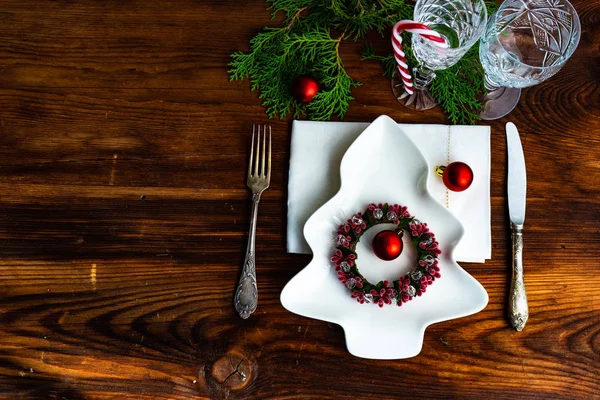 Cenário Mesa Festiva Para Jantar Natal Mesa Madeira Vintage Com — Fotografia de Stock