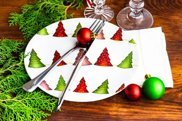 Festive Table Setting Christmas Dinner Vintage Wooden Table Copy Space — Stock Photo, Image