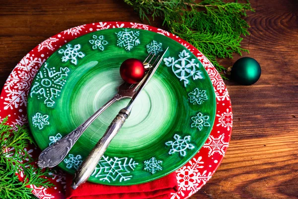 Cenário Mesa Festiva Para Jantar Natal Mesa Madeira Vintage Com — Fotografia de Stock