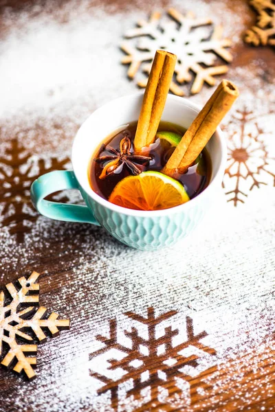 Holiday Concept Mulled Tea Snow Flakes Wooden Background Copy Space — Stock Photo, Image