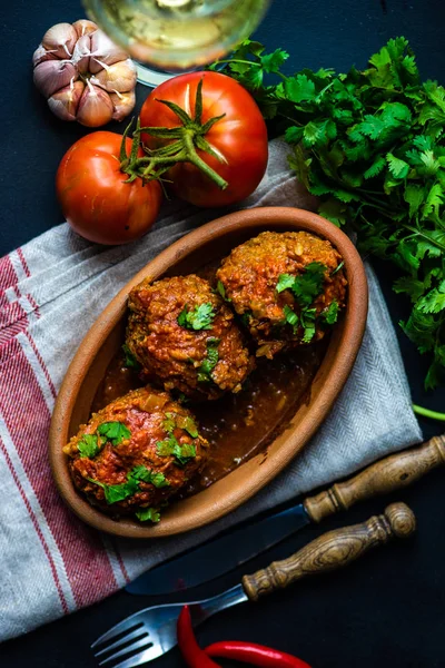 Meatballs Spicy Tomato Sauce Coriander Garlic Rustic Table — Stock Photo, Image