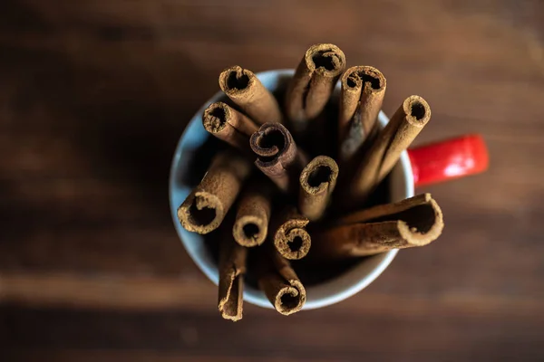 Cinnamon Sticks Red Cup Christmas Cooking Concept — Stock Photo, Image