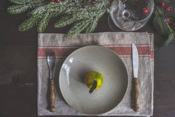 Tavola Festiva Servita Cena Natale Con Mandarino Abete Come Arredamento — Foto Stock