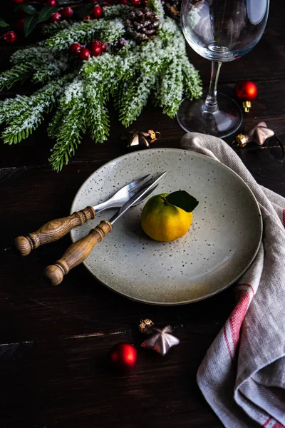 Festive Served Table Christmas Dinner Tangerine Fir Tree Main Decor — Stock Photo, Image