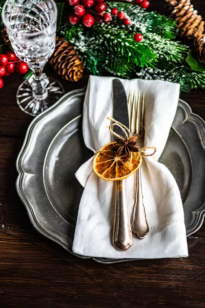 Rustic Table Setting Holiday Christmas Dinner Dark Wooden Table Copy — Stock Photo, Image