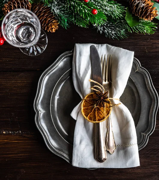 Rustic Table Setting Holiday Christmas Dinner Dark Wooden Table Copy — Stock Photo, Image