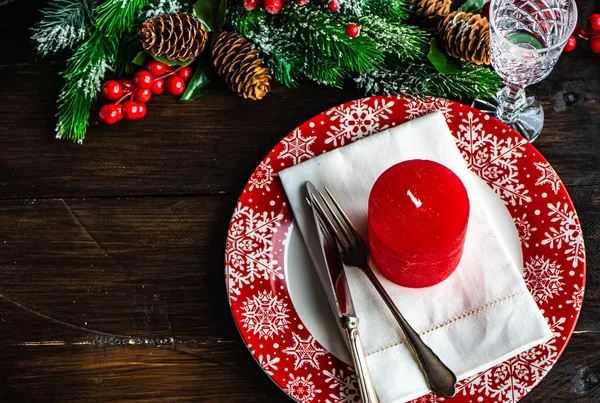 Ajuste Mesa Rústico Para Cena Navideña Mesa Madera Oscura Con — Foto de Stock