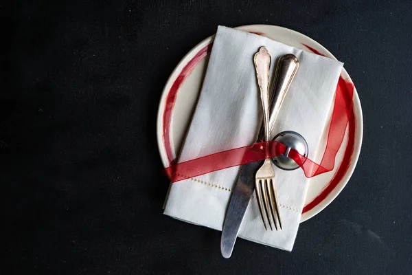 Rustik Dukning För Semester Julbord Mörka Träbord Med Kopia Utrymme — Stockfoto