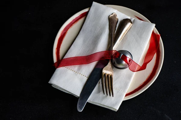 Rustik Dukning För Semester Julbord Mörka Träbord Med Kopia Utrymme — Stockfoto