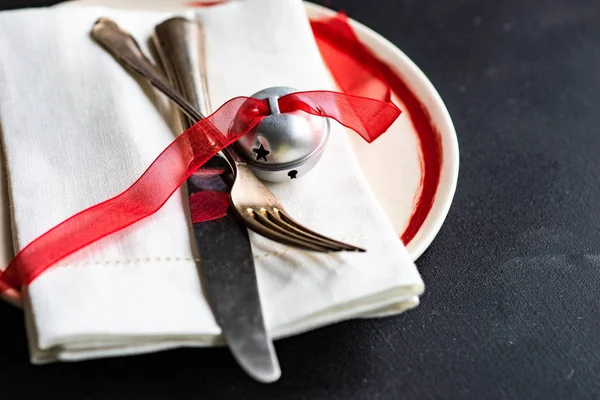 Apparecchiatura Tavola Rustica Vacanze Cena Natale Tavolo Legno Scuro Con — Foto Stock