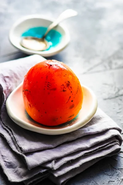 Ripe Persimmon Autumnal Dessert Rustic Background Copy Space — Stock Photo, Image