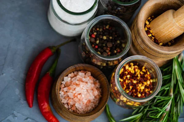 Organic Spices Pepper Rosemary Different Types Salt Rustic Background — Stock Photo, Image