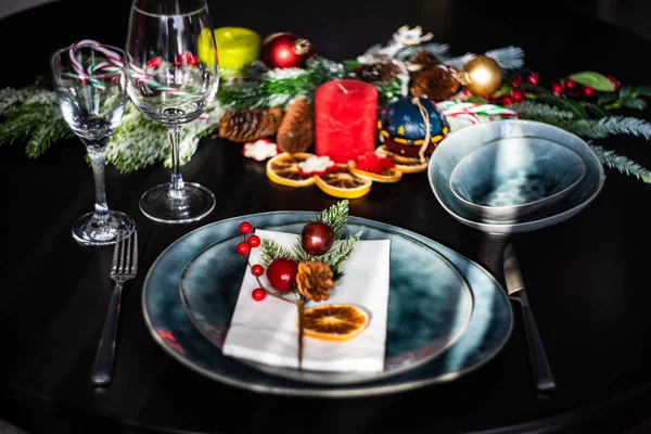 Rusztikus Asztal Holiday Karácsonyi Vacsora Sötét Fából Készült Asztal Másol — Stock Fotó
